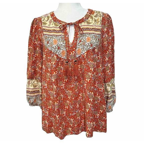 Jane And Delancey Floral 3/4 Sleeve Hi Lo Swing Top Tassel Tie Boho Peasant sz L - Picture 1 of 11